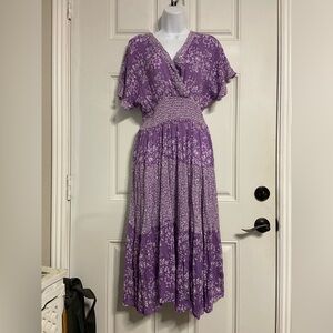 T19a- J. GEE Purple COTTAGE CORE Floral BOHO Midi Dress